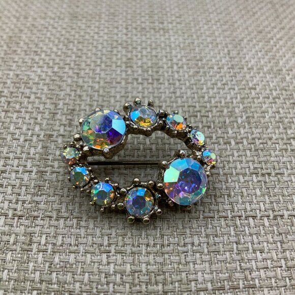 Aurora Borealis Iridescent Vintage Oval Silver Tone Brooch Pin - Picture 5 of 7